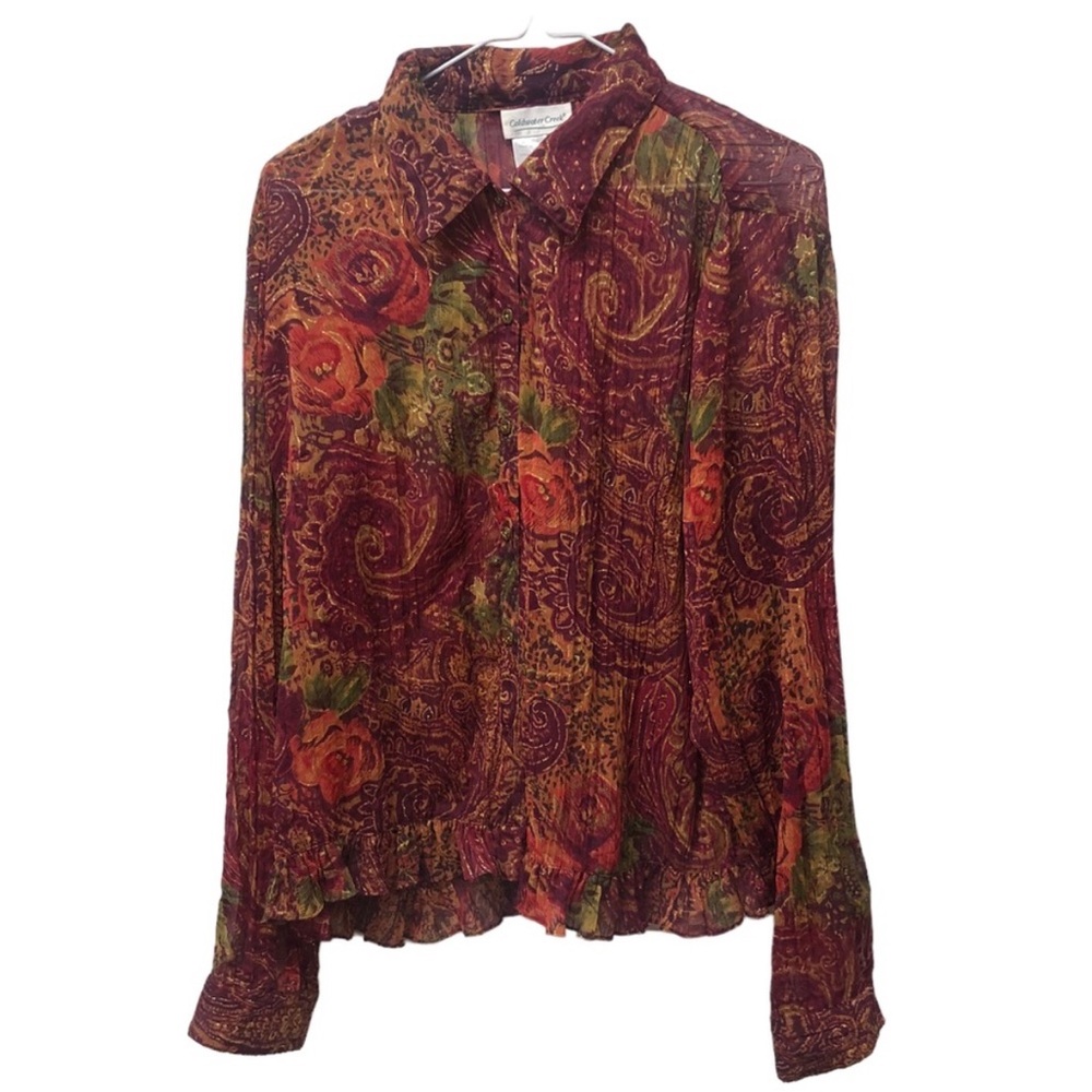 COLDWATER CREEK Red And Gold SHEER Button Up Blouse